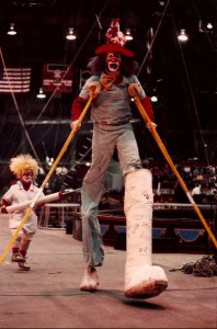 Hillbilly the Clown on stilts